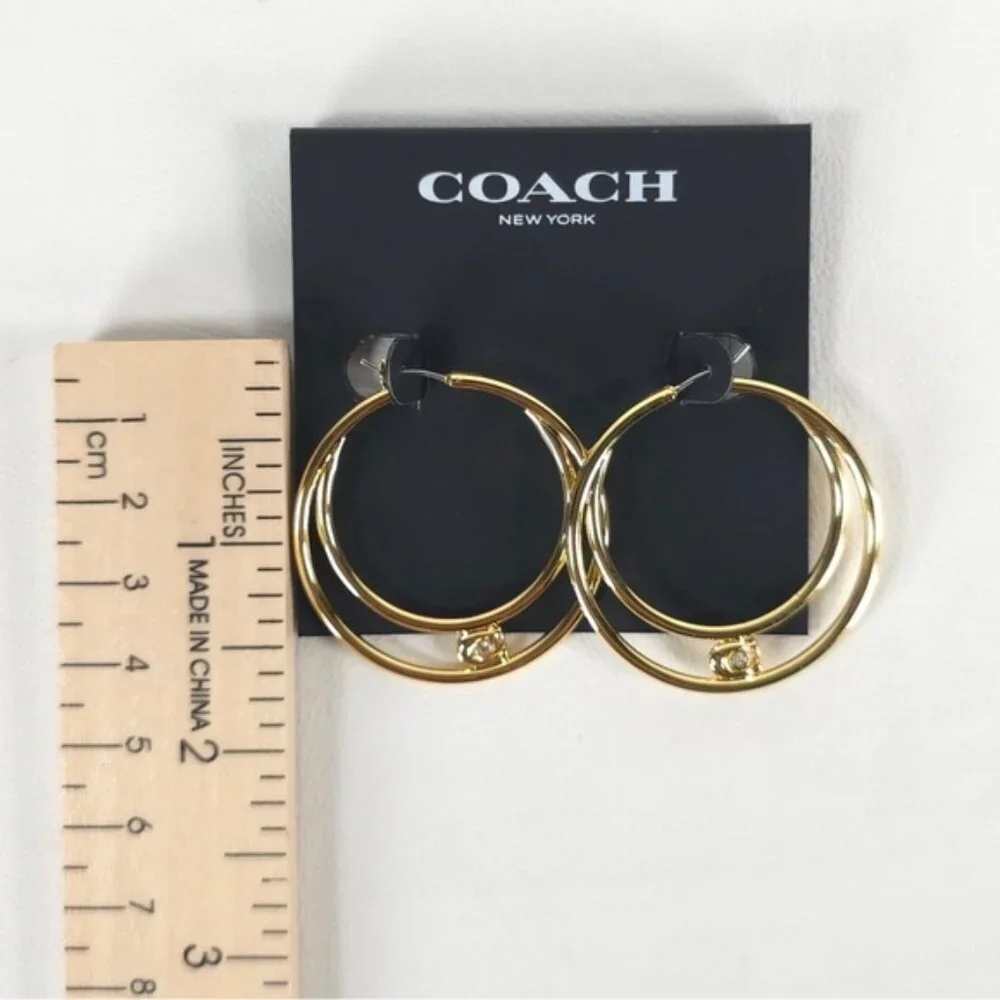 NWT COACH Women's Signature Double Hoop Gold Earrings with Cubic Zirconia Detail - Picture 4 of 11